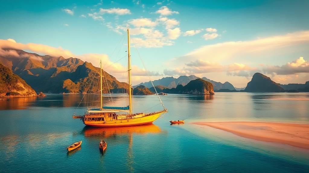 Phinisi yacht anchored near Padar Island at golden hour, Komodo National Park honeymoon charter